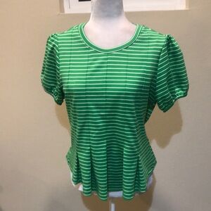 Anthropologie Maeve Green and White Puffed Sleeve Peplum Pleated Top-Size M